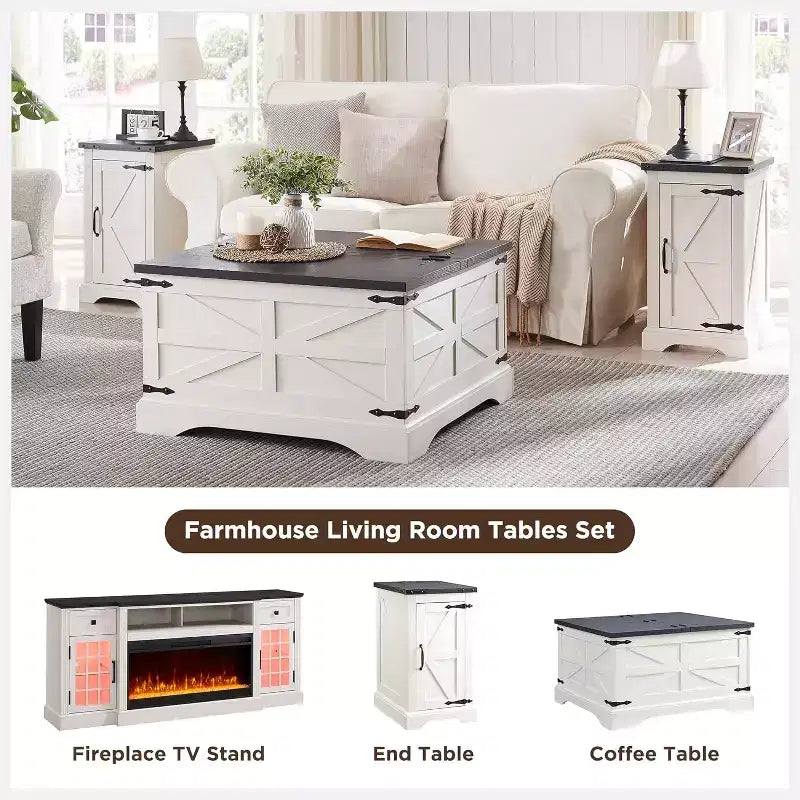 Table basse relevable de style ferme, avec grand compartiment de rangement caché