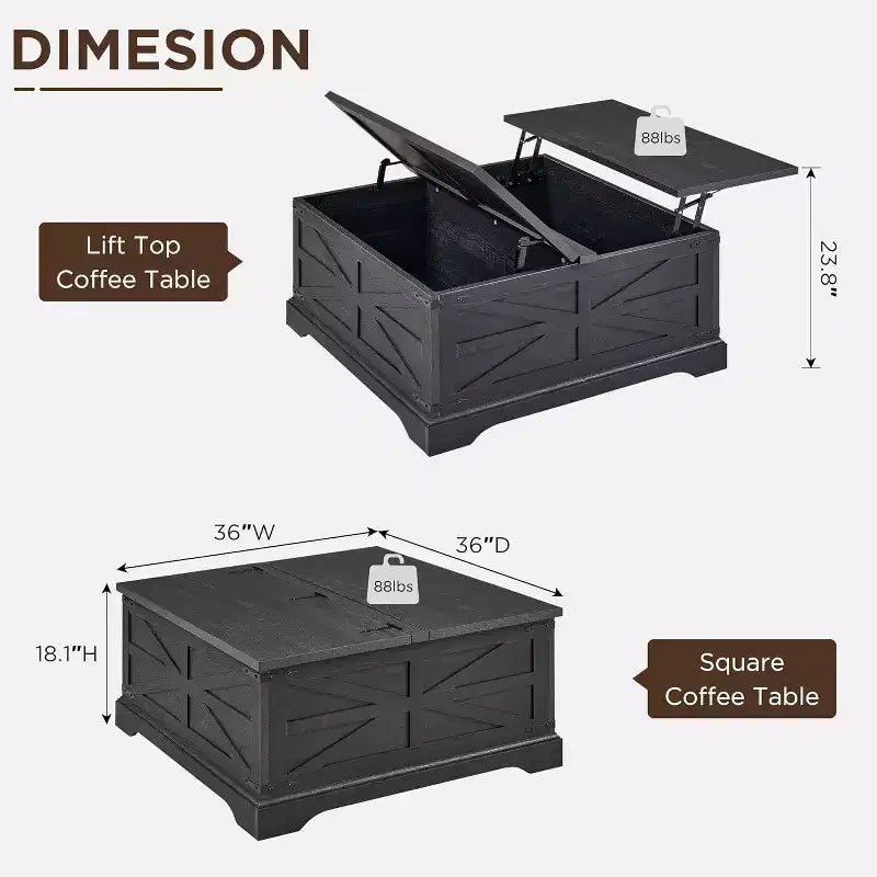 Table basse relevable de style ferme, avec grand compartiment de rangement caché