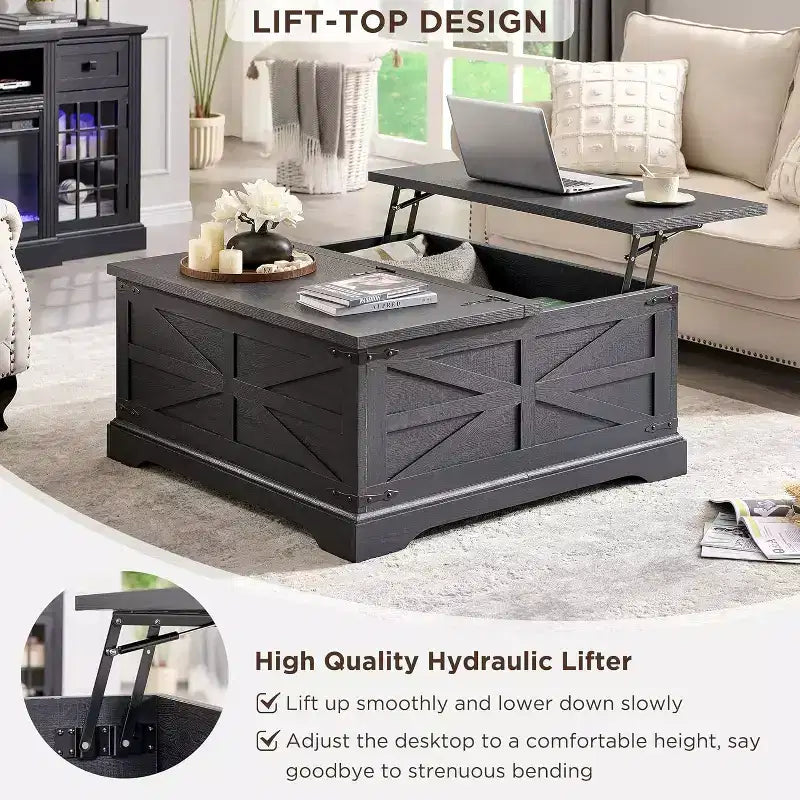 Table basse relevable de style ferme, avec grand compartiment de rangement caché