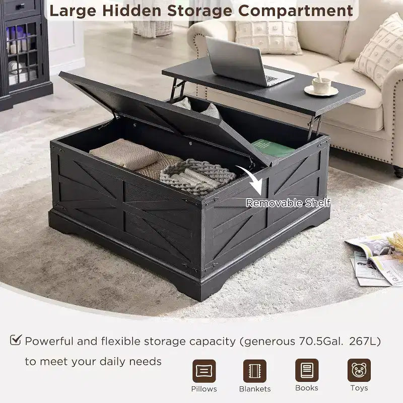 Table basse relevable de style ferme, avec grand compartiment de rangement caché