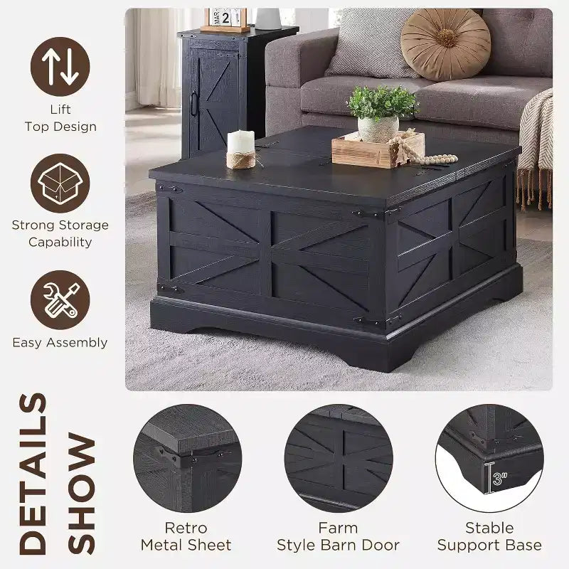 Table basse relevable de style ferme, avec grand compartiment de rangement caché