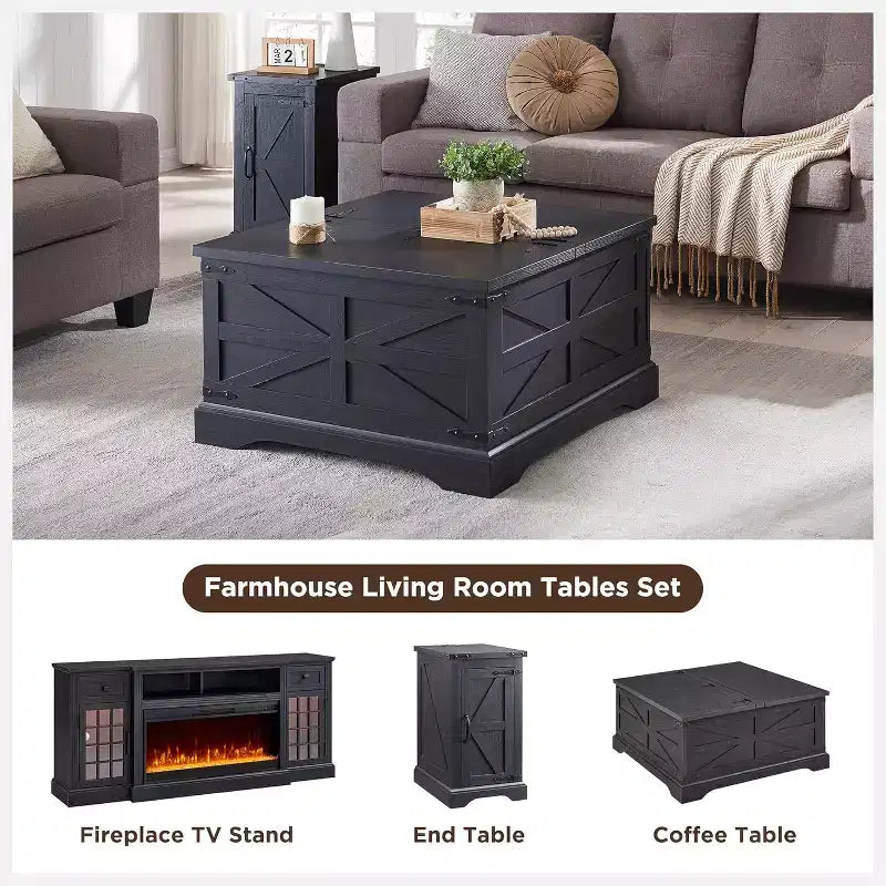 Table basse relevable de style ferme, avec grand compartiment de rangement caché
