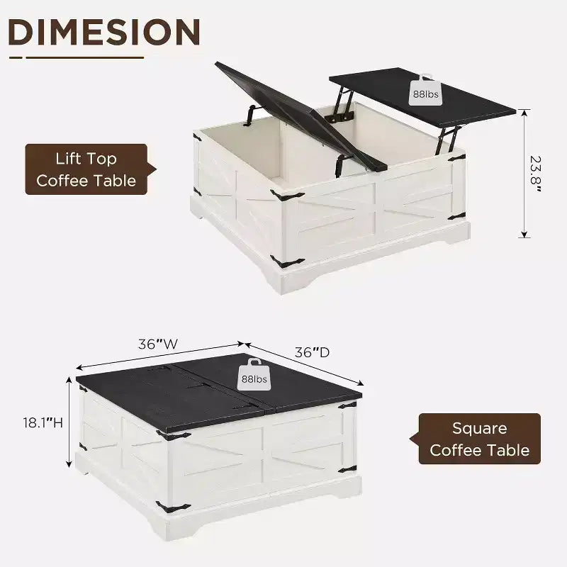 Table basse relevable de style ferme, avec grand compartiment de rangement caché
