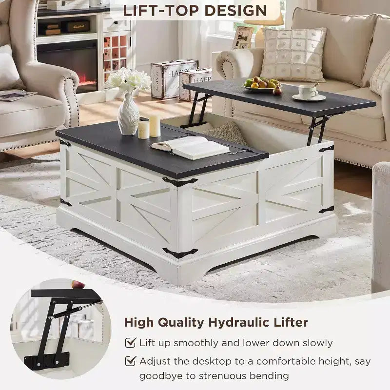 Table basse relevable de style ferme, avec grand compartiment de rangement caché