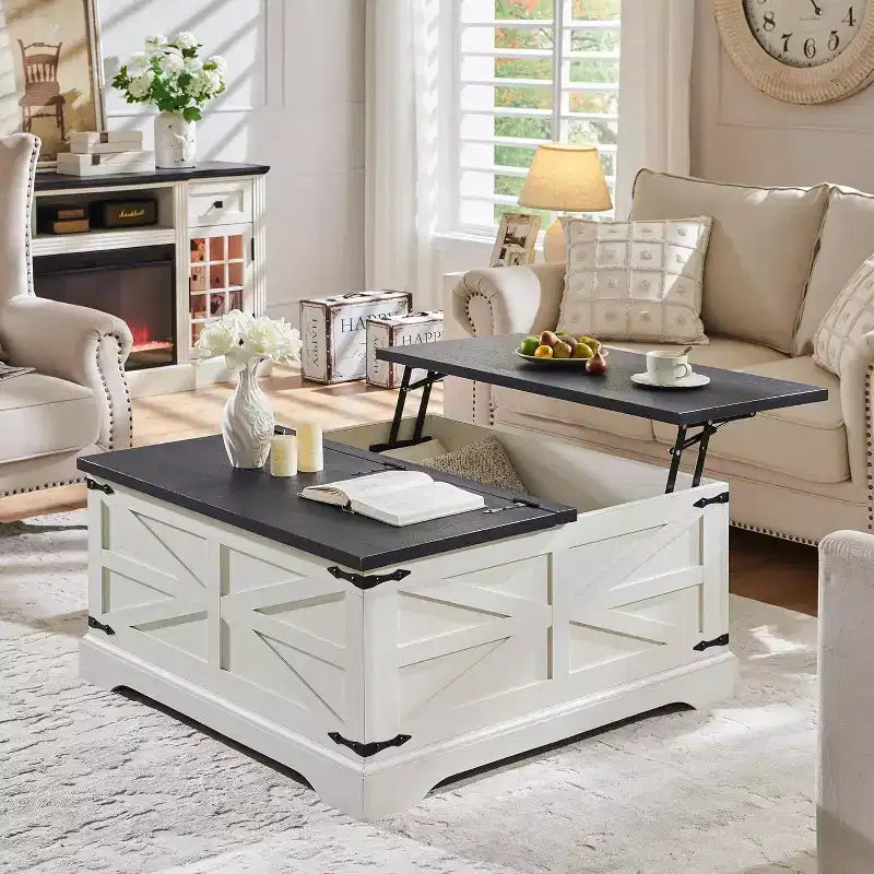 Table basse relevable de style ferme, avec grand compartiment de rangement caché