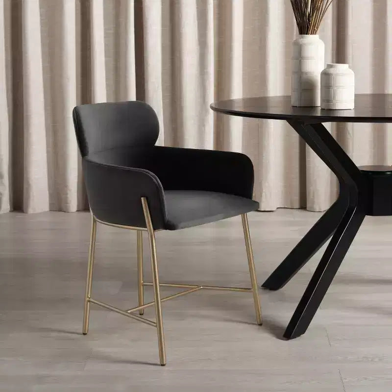 Fauteuil de salle à manger en velours, accoudoir, coussins attachés, dossier incurvé