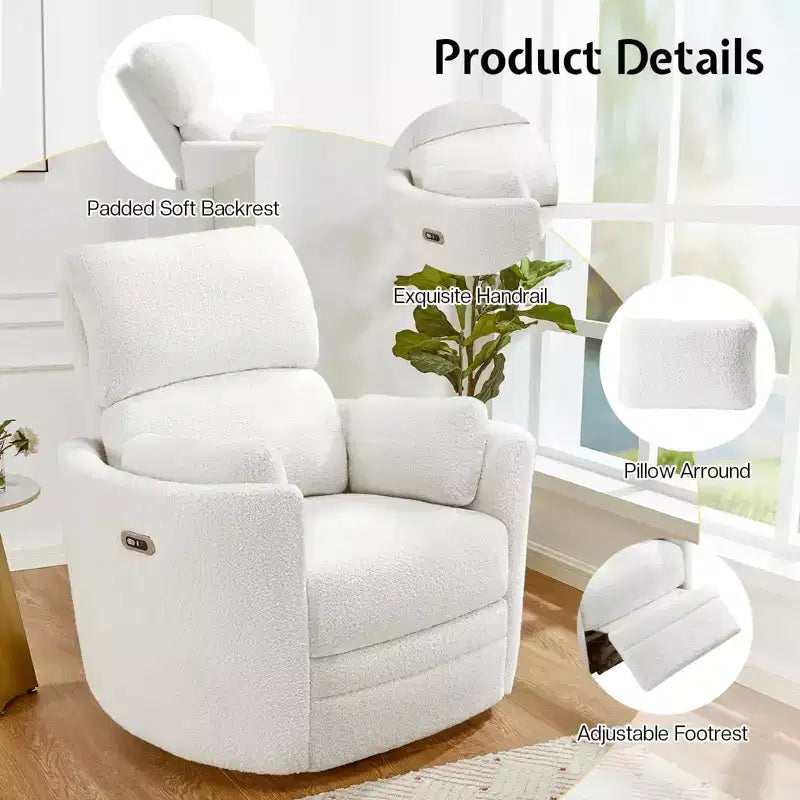 Fauteuil inclinable électrique de crèche, fauteuil à bascule pivotant électrique avec USB et Type-C