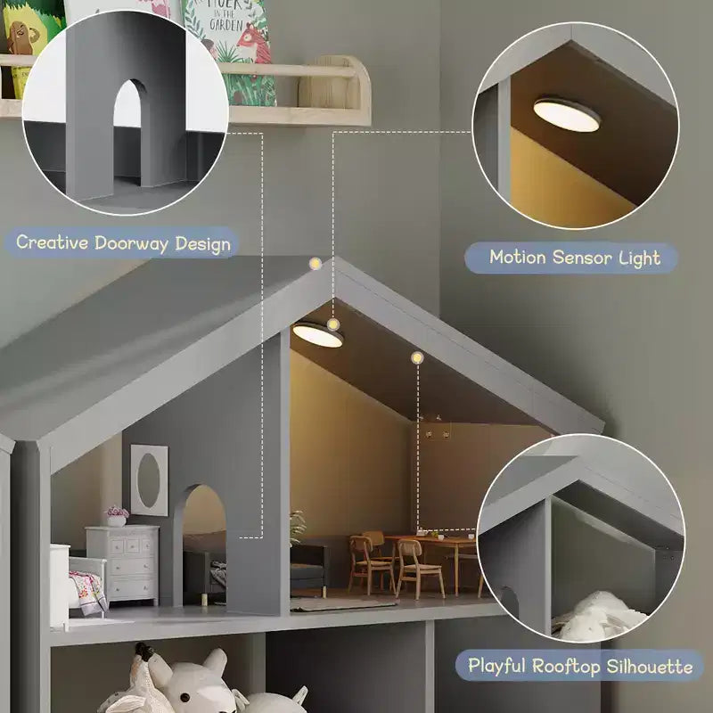 Étagère à livres pour enfants à 2 niveaux - Organiseur de jouets en bois avec lumière à détecteur de mouvement