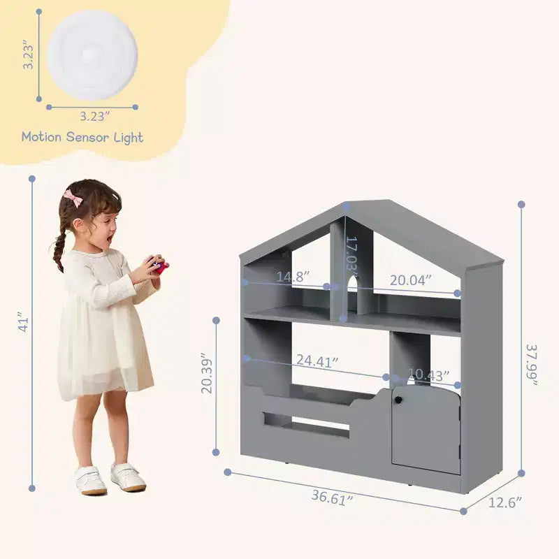 Étagère à livres pour enfants à 2 niveaux - Organiseur de jouets en bois avec lumière à détecteur de mouvement