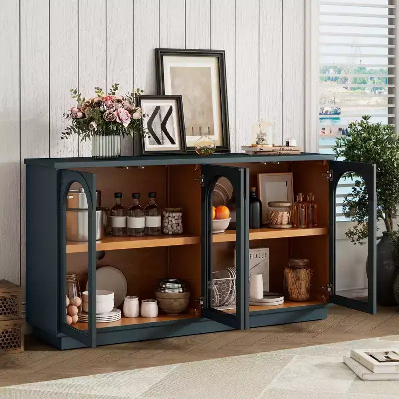 Buffet 4 portes avec grand espace de rangement, portes vitrées et arches