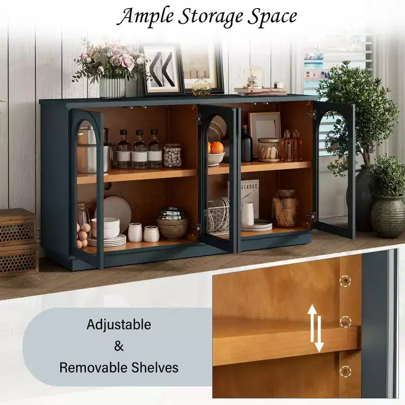 Buffet 4 portes avec grand espace de rangement, portes vitrées et arches