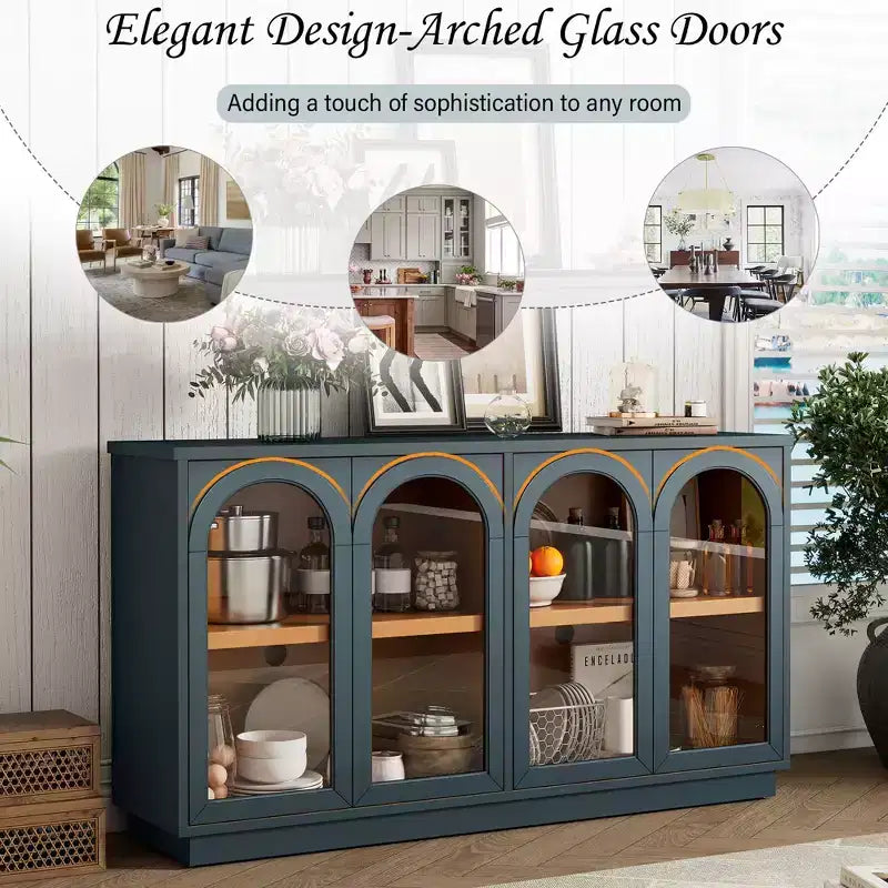 Buffet 4 portes avec grand espace de rangement, portes vitrées et arches