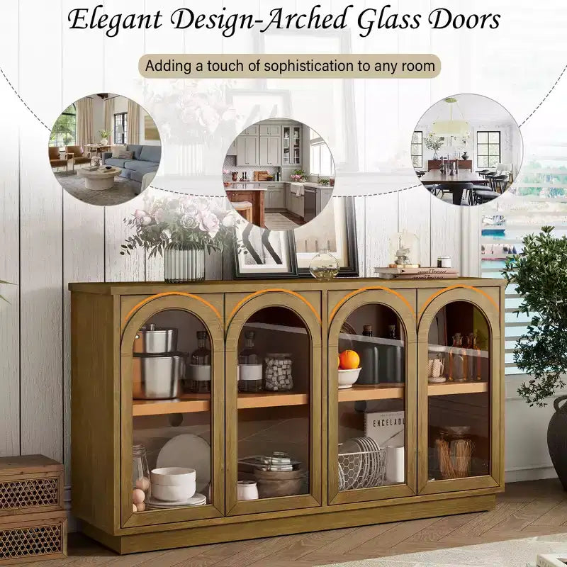 Buffet 4 portes avec grand espace de rangement, portes vitrées et arches