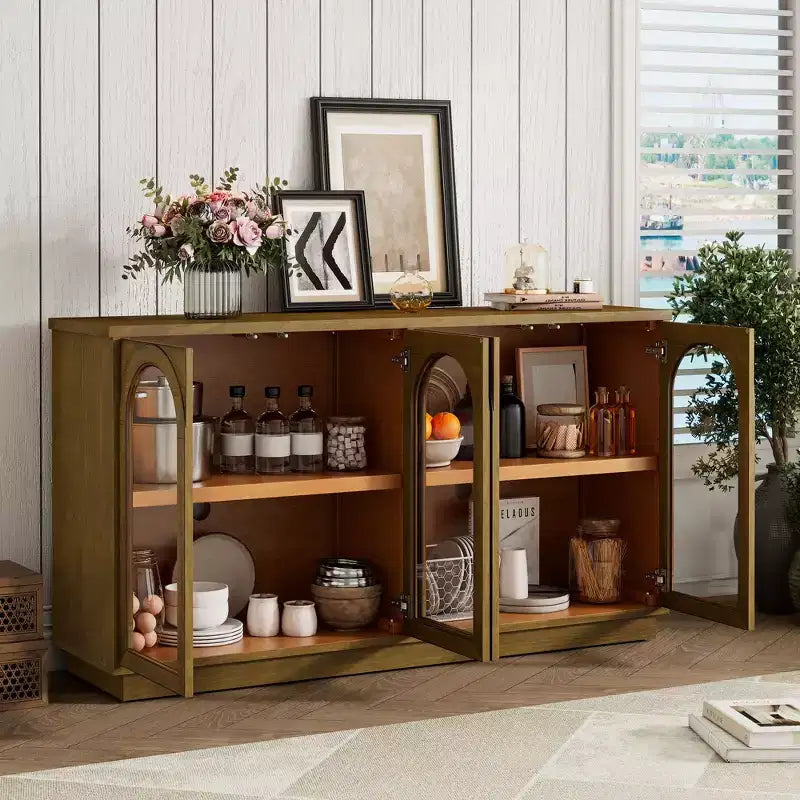 Buffet 4 portes avec grand espace de rangement, portes vitrées et arches