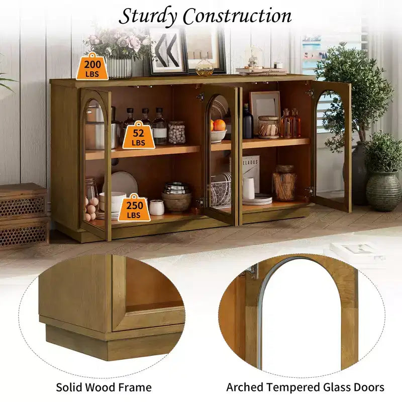 Buffet 4 portes avec grand espace de rangement, portes vitrées et arches