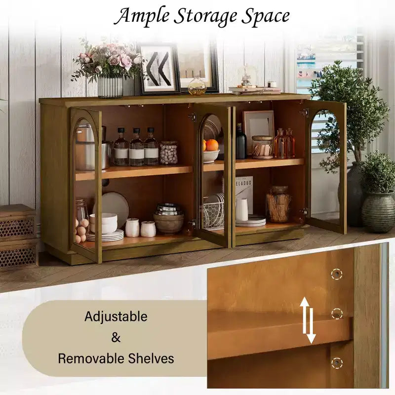 Buffet 4 portes avec grand espace de rangement, portes vitrées et arches