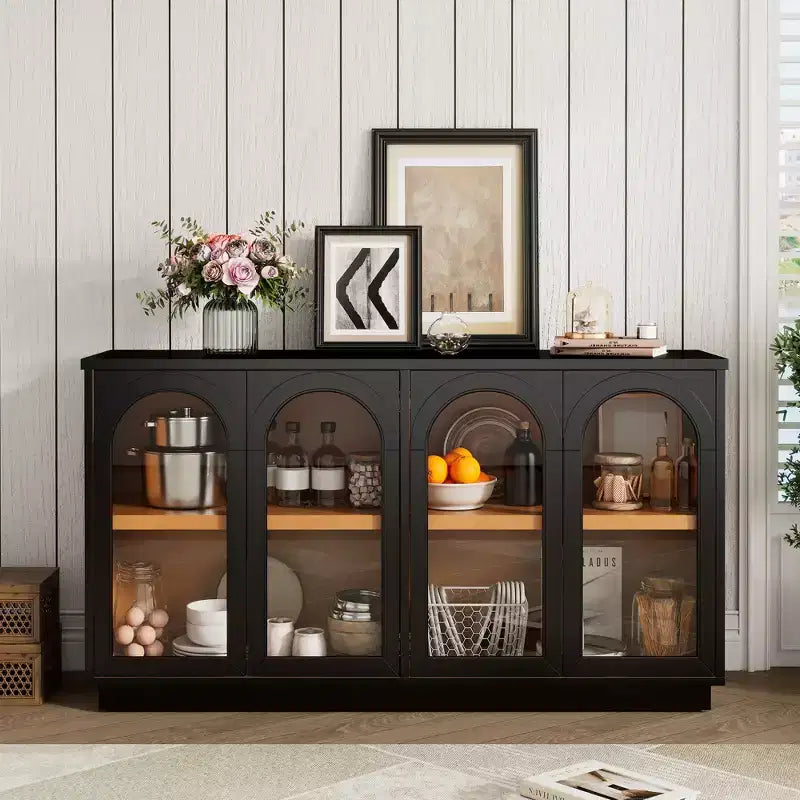 Buffet 4 portes avec grand espace de rangement, portes vitrées et arches