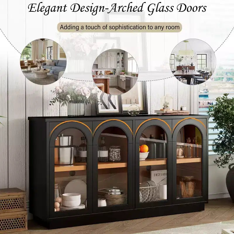 Buffet 4 portes avec grand espace de rangement, portes vitrées et arches