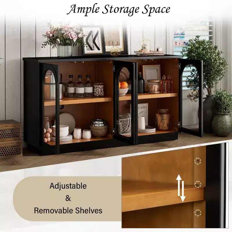 Buffet 4 portes avec grand espace de rangement, portes vitrées et arches