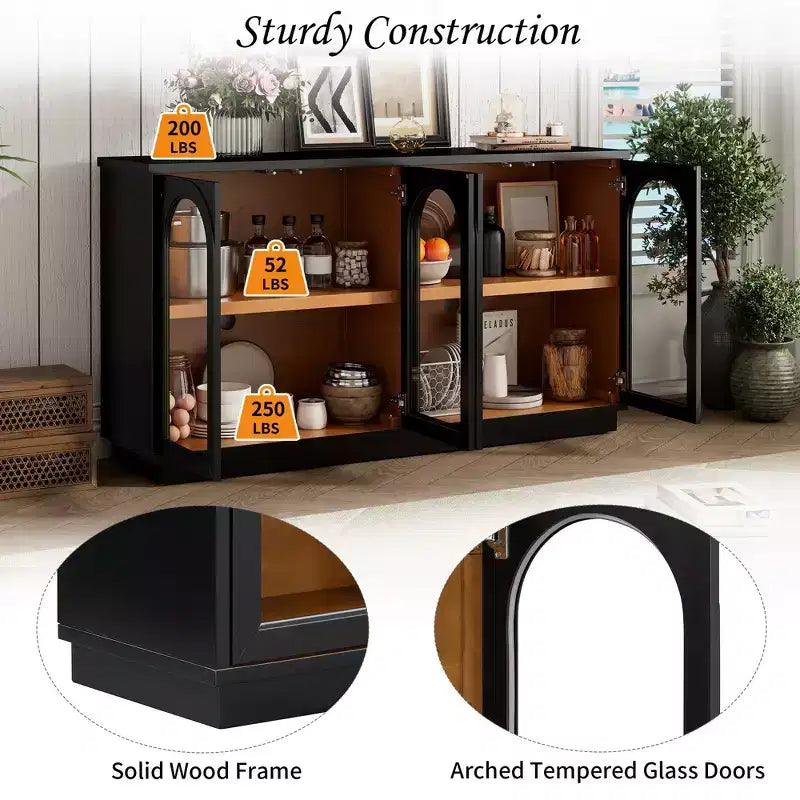 Buffet 4 portes avec grand espace de rangement, portes vitrées et arches