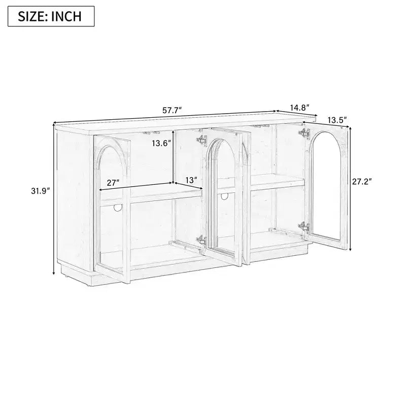 Buffet 4 portes avec grand espace de rangement, portes vitrées et arches