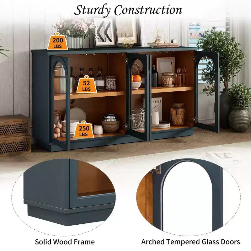 Buffet 4 portes avec grand espace de rangement, portes vitrées et arches