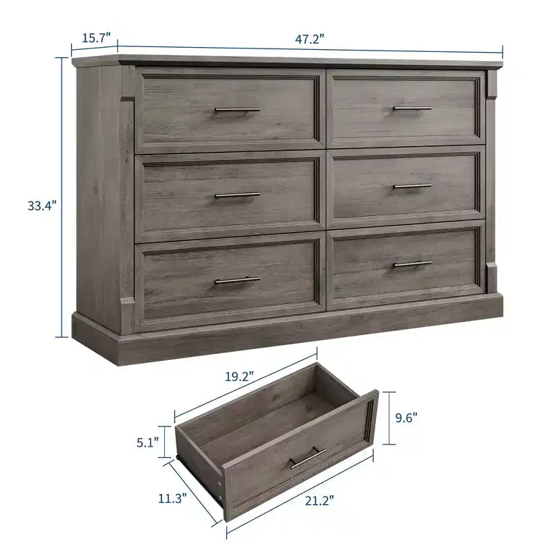 Commode à 6 tiroirs style ferme, commode en bois rustique avec poignées en métal