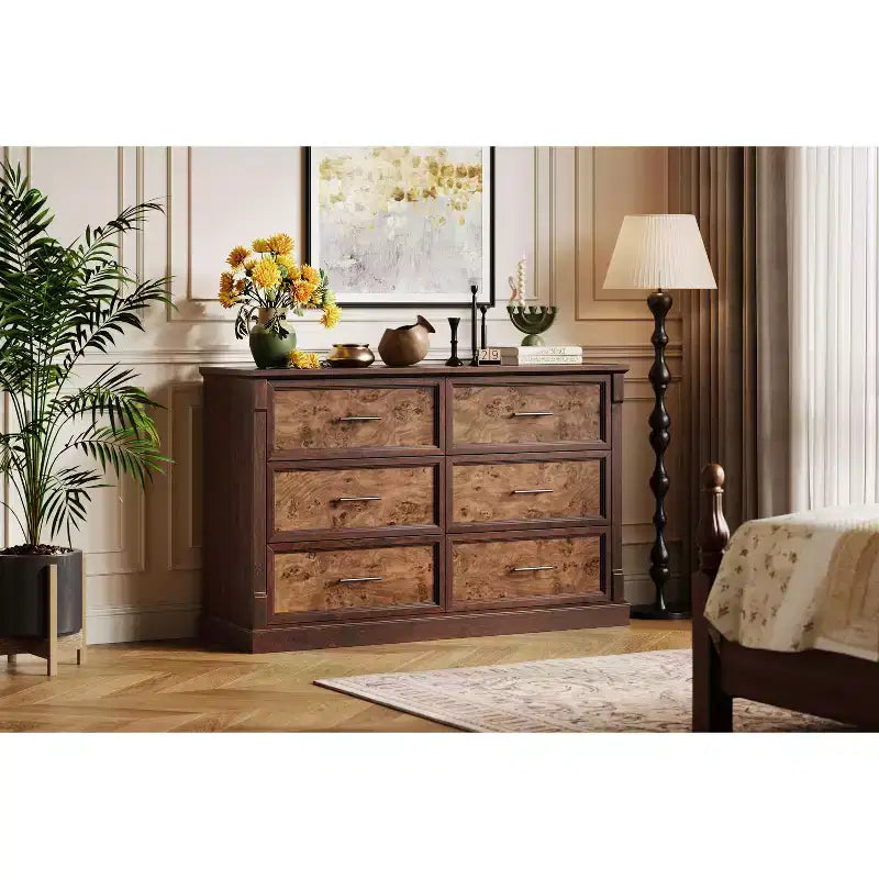 Commode à 6 tiroirs style ferme, commode en bois rustique avec poignées en métal