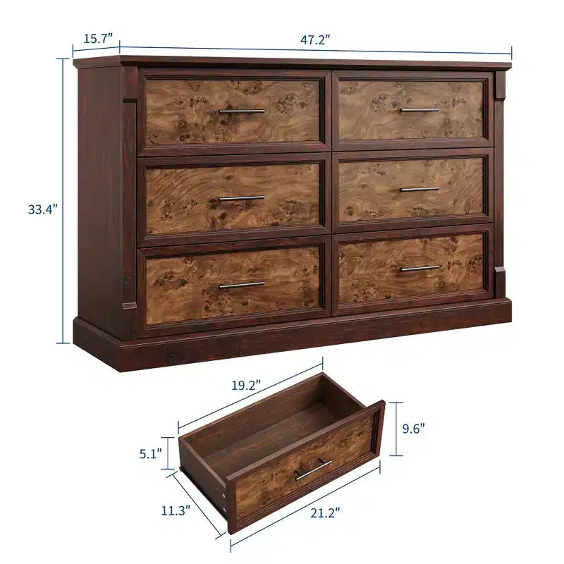 Commode à 6 tiroirs style ferme, commode en bois rustique avec poignées en métal