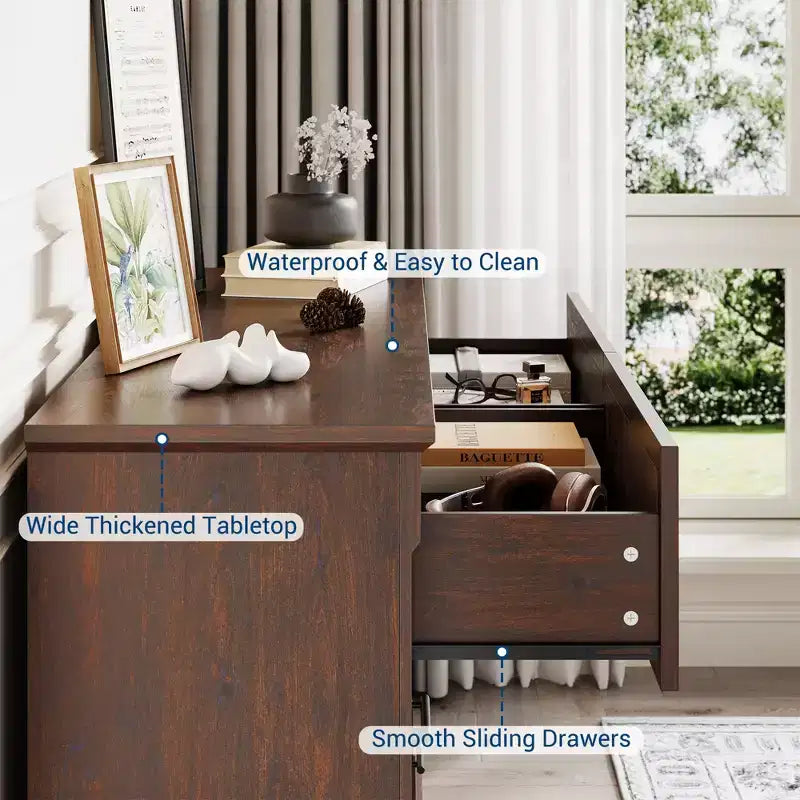 Commode à 6 tiroirs style ferme, commode en bois rustique avec poignées en métal