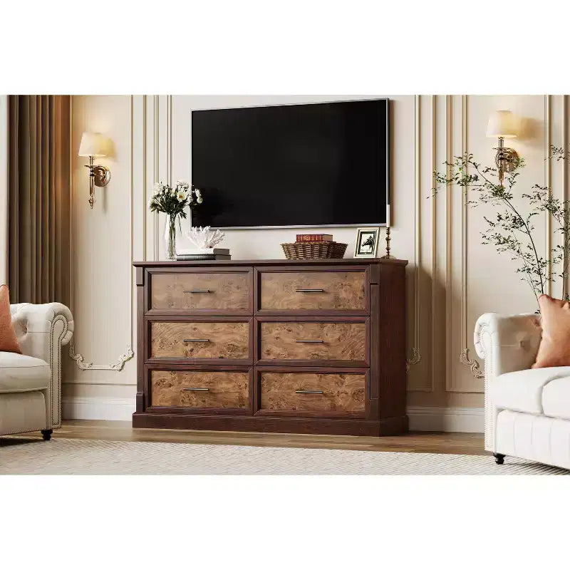 Commode à 6 tiroirs style ferme, commode en bois rustique avec poignées en métal