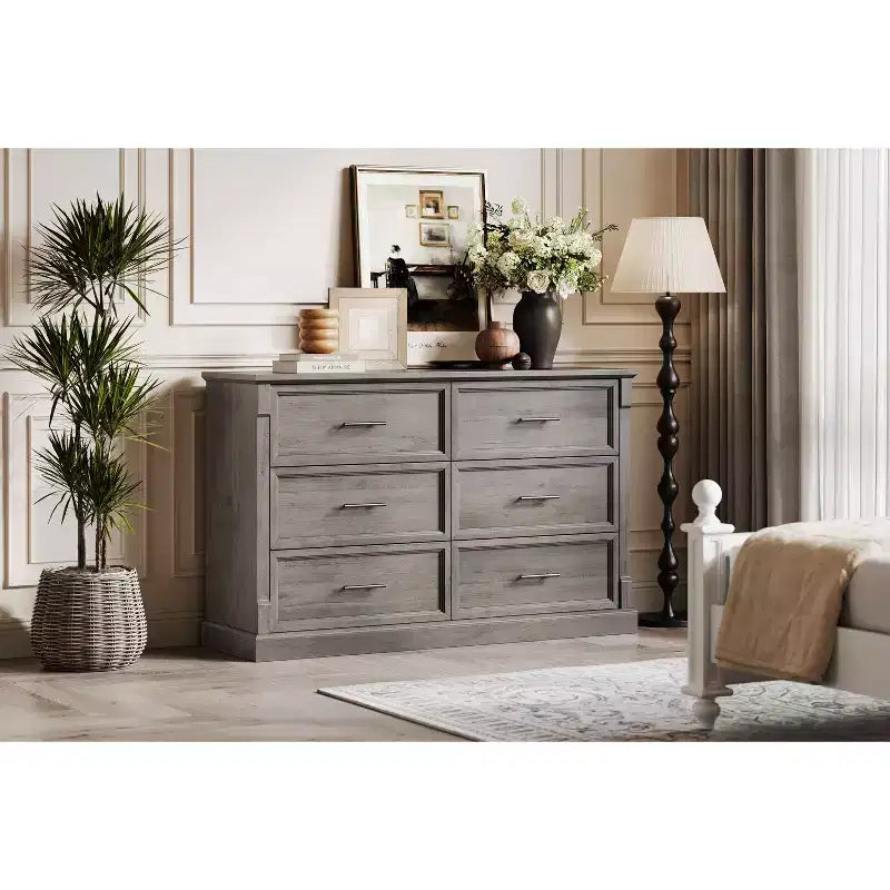 Commode à 6 tiroirs style ferme, commode en bois rustique avec poignées en métal
