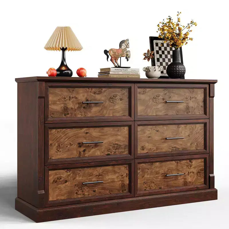 Farmhouse 6 Drawer Dresser, Rustic Wood Chest of Drawers with Metal Handles, Large TV Stand Storage Dressers for Living Room Nursery Bedroom