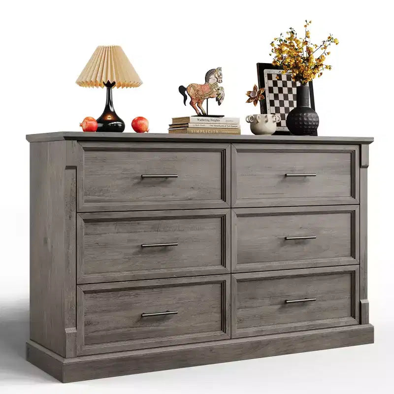 Commode à 6 tiroirs style ferme, commode en bois rustique avec poignées en métal