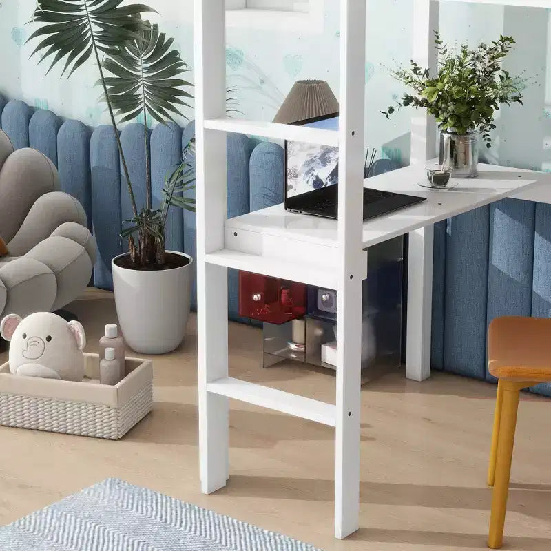 Lit mezzanine double/simple avec bureau et étagères, lits mezzanine robustes en bois