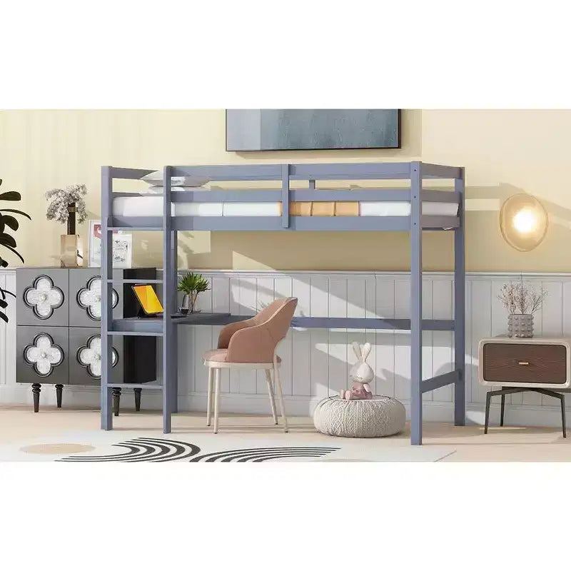 Lit mezzanine double/simple avec bureau et étagères, lits mezzanine robustes en bois