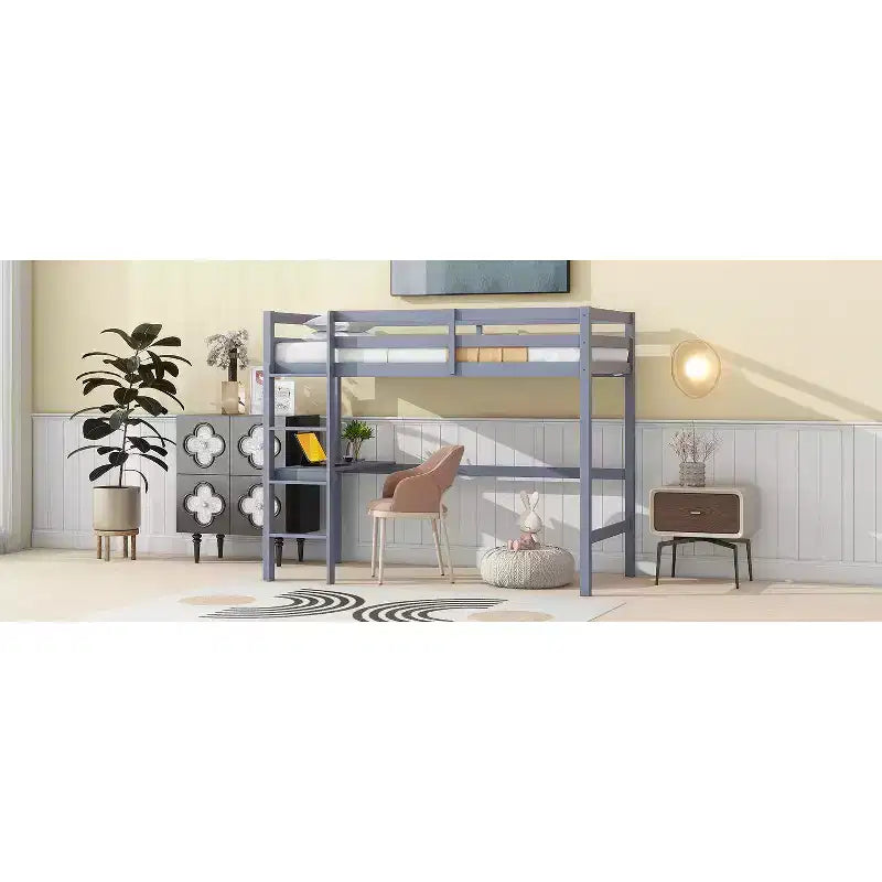 Lit mezzanine double/simple avec bureau et étagères, lits mezzanine robustes en bois
