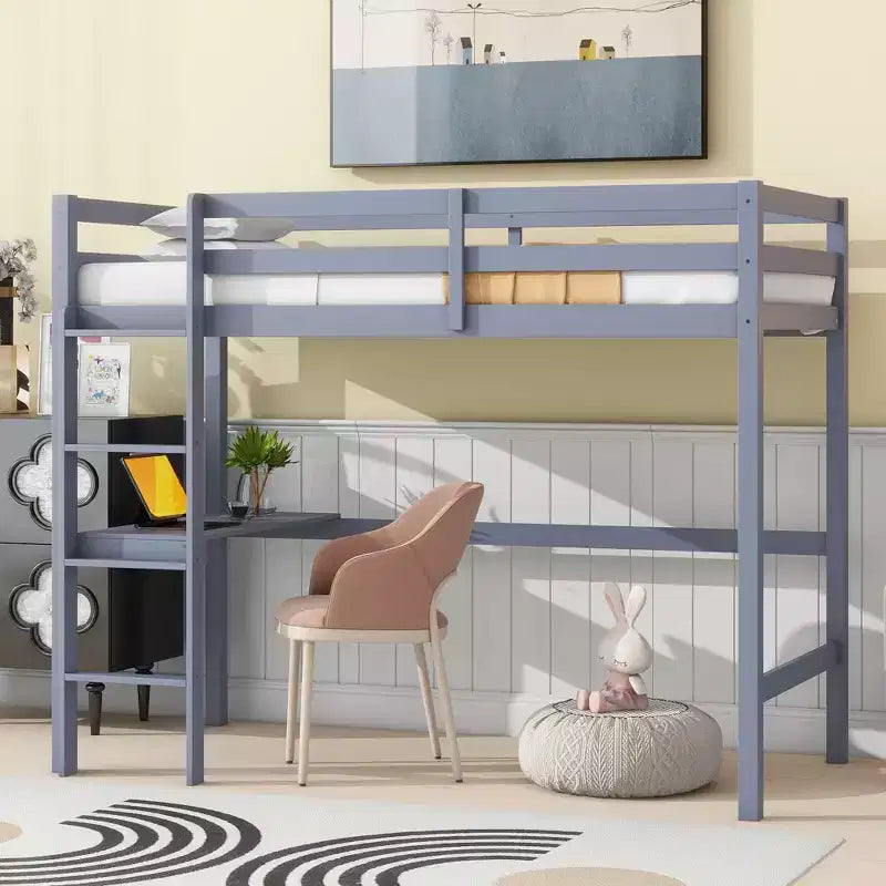 Lit mezzanine double/simple avec bureau et étagères, lits mezzanine robustes en bois