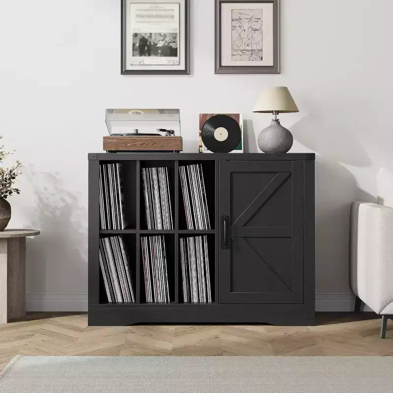 Meuble tourne-disque en bois noir style ferme avec porte de grange pour 750 albums vinyles