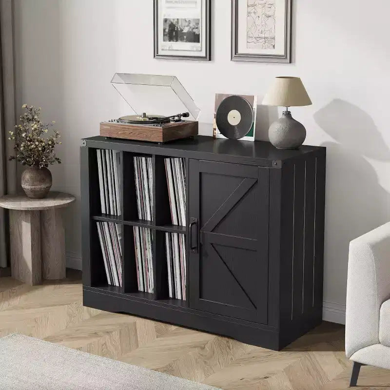 Meuble tourne-disque en bois noir style ferme avec porte de grange pour 750 albums vinyles