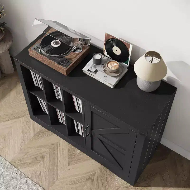 Meuble tourne-disque en bois noir style ferme avec porte de grange pour 750 albums vinyles