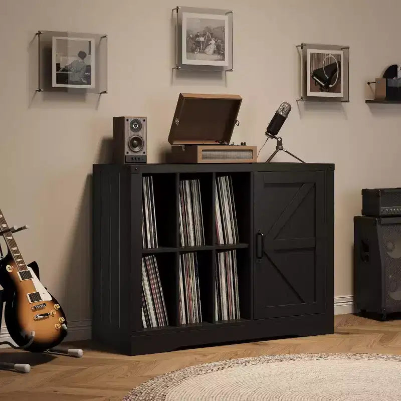 Meuble tourne-disque en bois noir style ferme avec porte de grange pour 750 albums vinyles