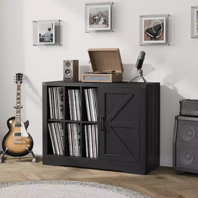 Meuble tourne-disque en bois noir style ferme avec porte de grange pour 750 albums vinyles