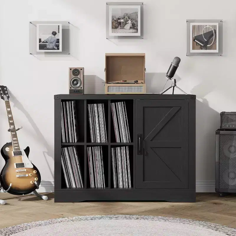 Meuble tourne-disque en bois noir style ferme avec porte de grange pour 750 albums vinyles