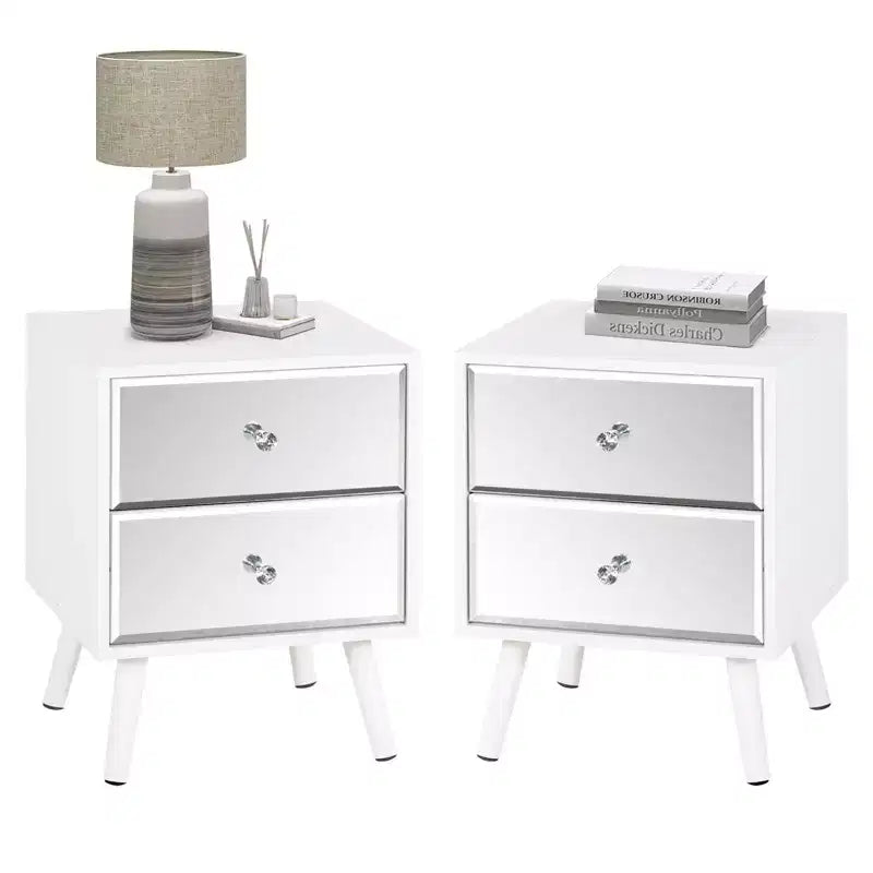 Tables de chevet/d'appoint modernes avec miroir et 2 tiroirs, pieds en bois massif, blanc