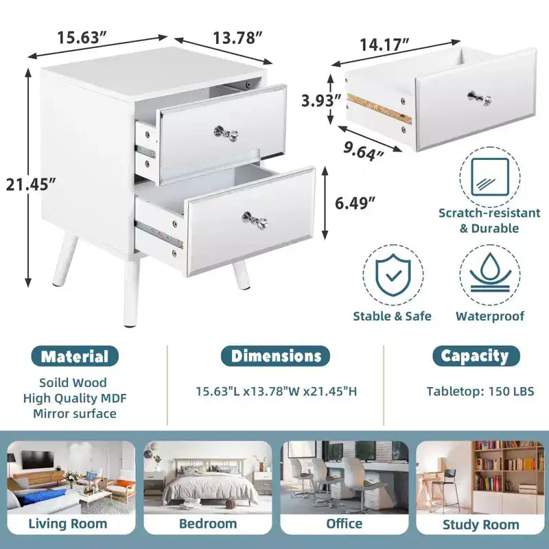 Tables de chevet/d'appoint modernes avec miroir et 2 tiroirs, pieds en bois massif, blanc