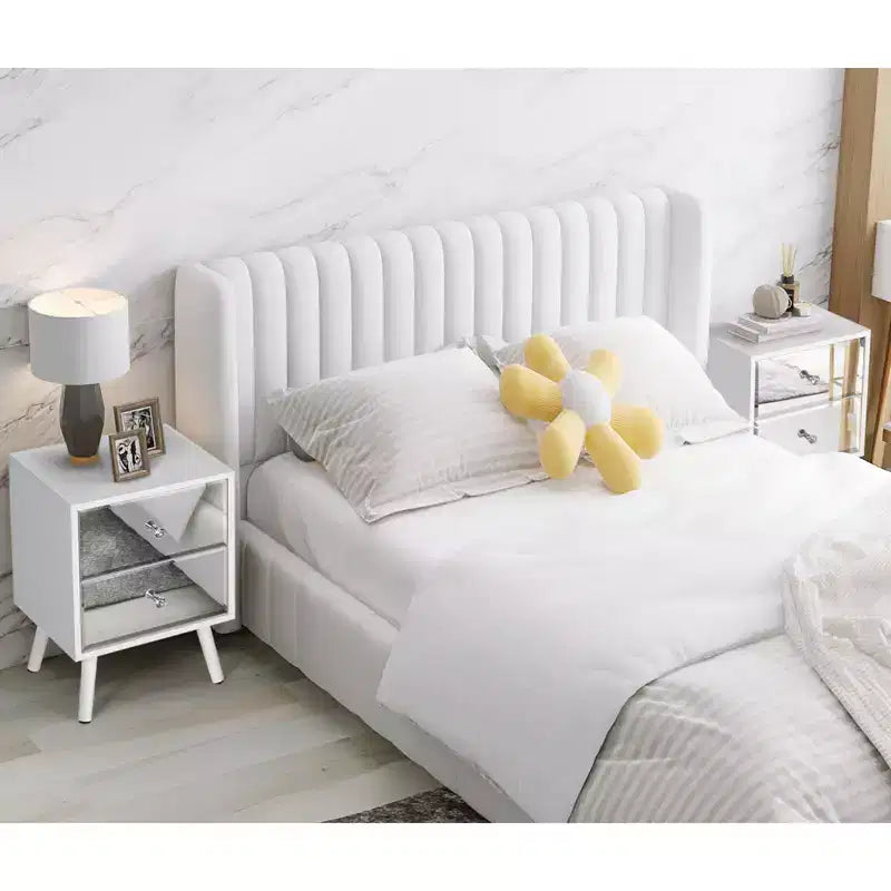 Tables de chevet/d'appoint modernes avec miroir et 2 tiroirs, pieds en bois massif, blanc