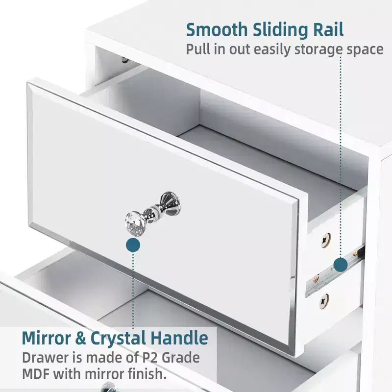 Tables de chevet/d'appoint modernes avec miroir et 2 tiroirs, pieds en bois massif, blanc