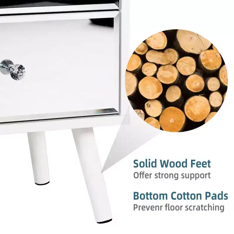 Tables de chevet/d'appoint modernes avec miroir et 2 tiroirs, pieds en bois massif, blanc