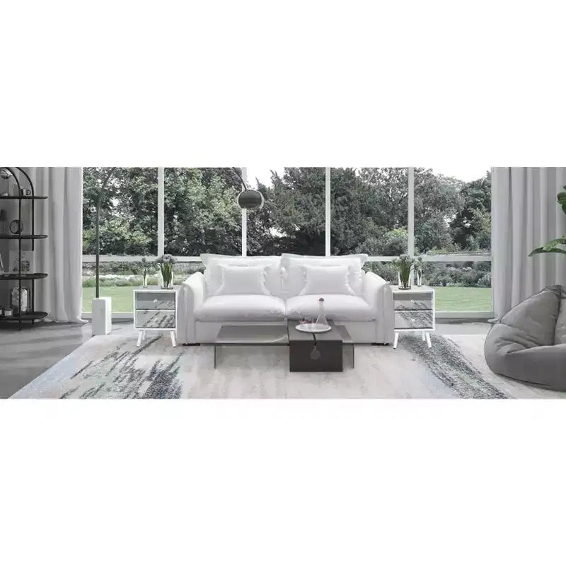 Tables de chevet/d'appoint modernes avec miroir et 2 tiroirs, pieds en bois massif, blanc